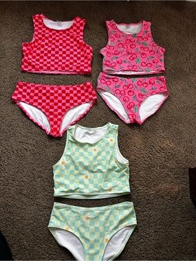 Girls Two-Piece Swimsuit Set - Pink Checker, Pink Cherry & Mint Daisy Tops